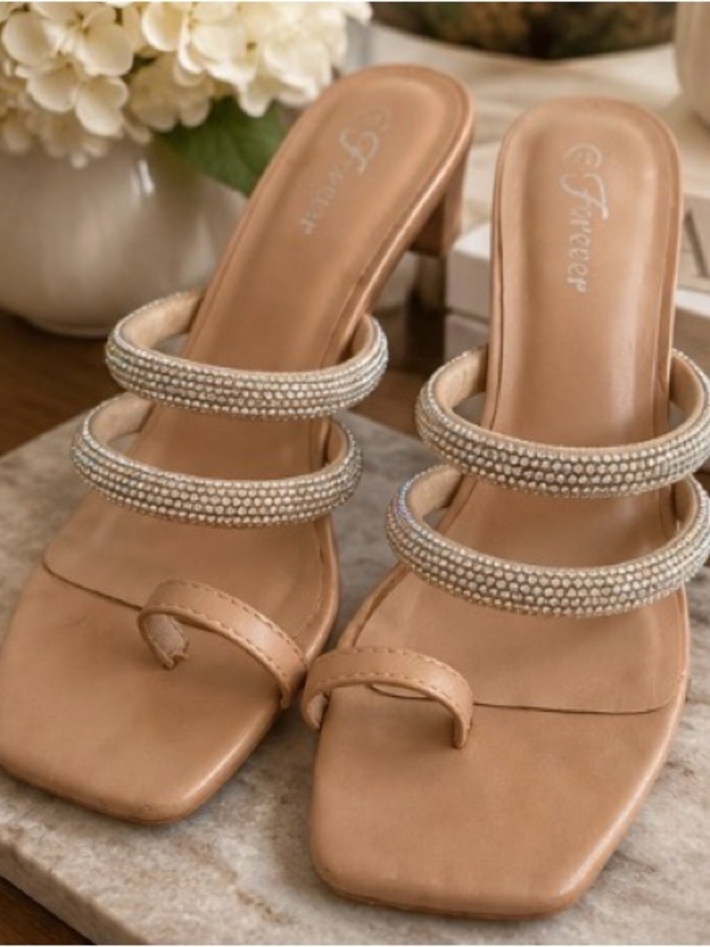 Forever 21 Nude Beaded Triple-Strap Toe Loop Mules